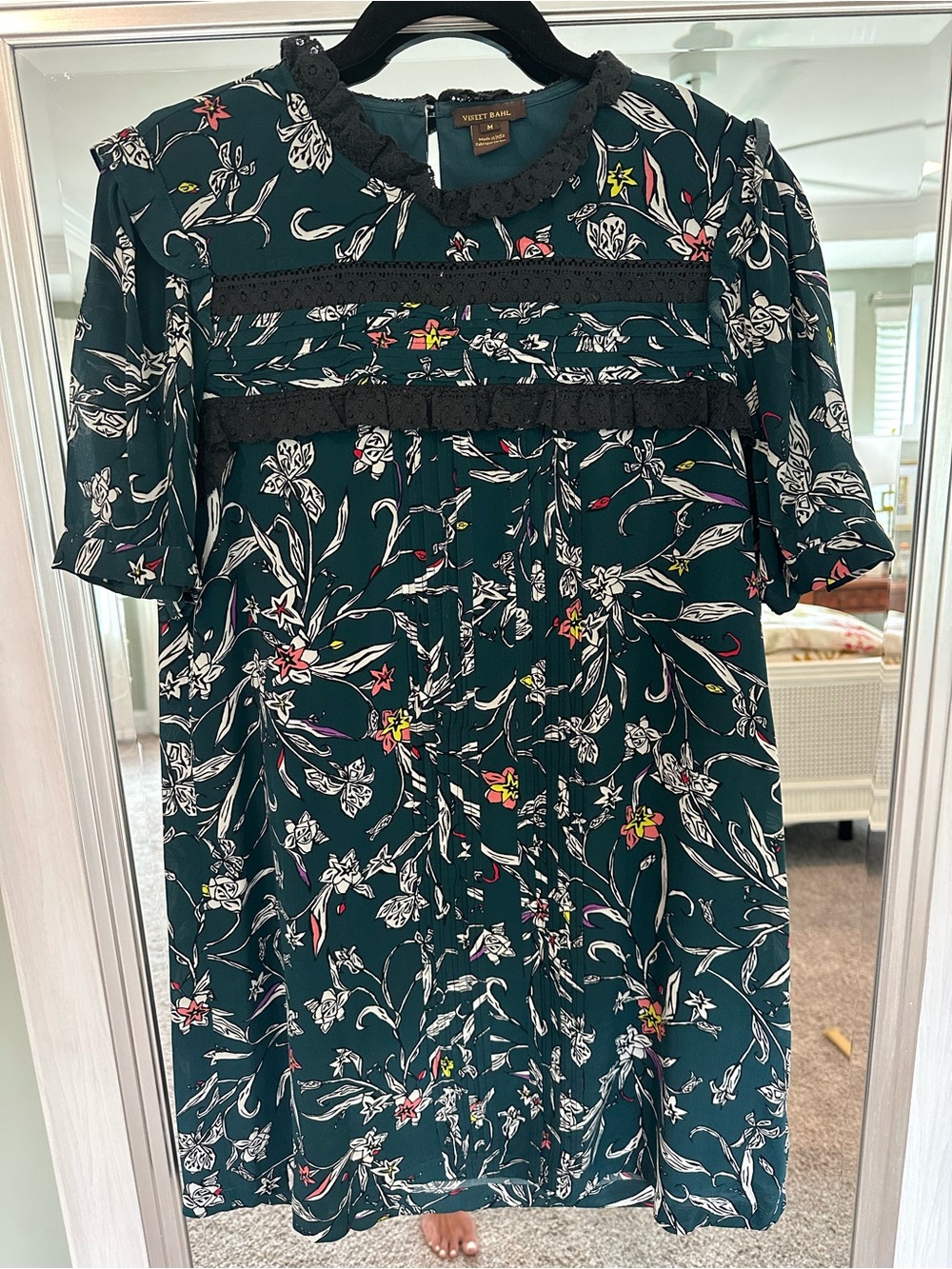 Vineet Bahl (Anthropologie) Floral Midi Dress with Black Lace Trim